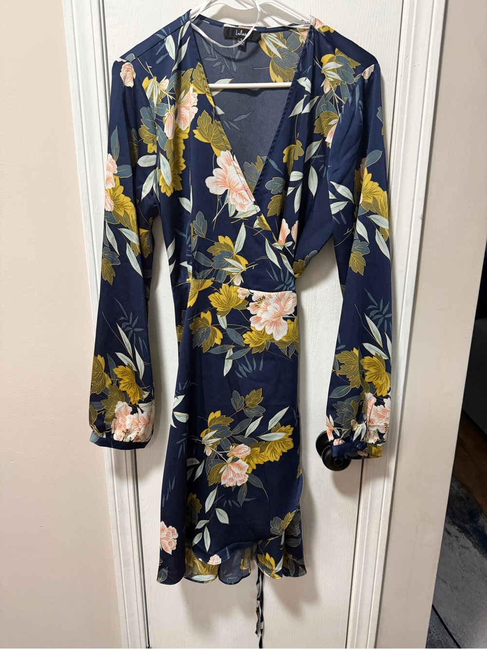 Lulu's Navy Floral Wrap Midi Dress - Navy with Yellow & Blush Flowers